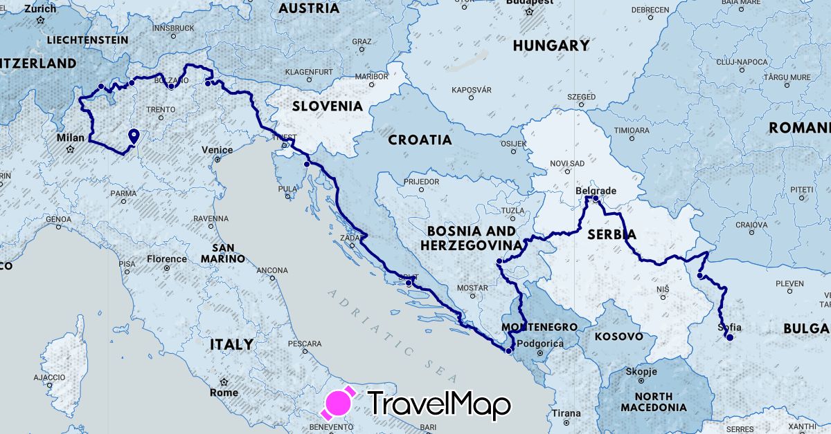 TravelMap itinerary: driving in Bosnia and Herzegovina, Bulgaria, Switzerland, Croatia, Italy, Montenegro, Serbia (Europe)